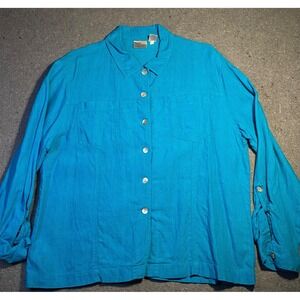 CHICOS womens LINEN Top sz 3 TEAL Chambray Long Roll Tab Sleeve BUTTON DOWN‎